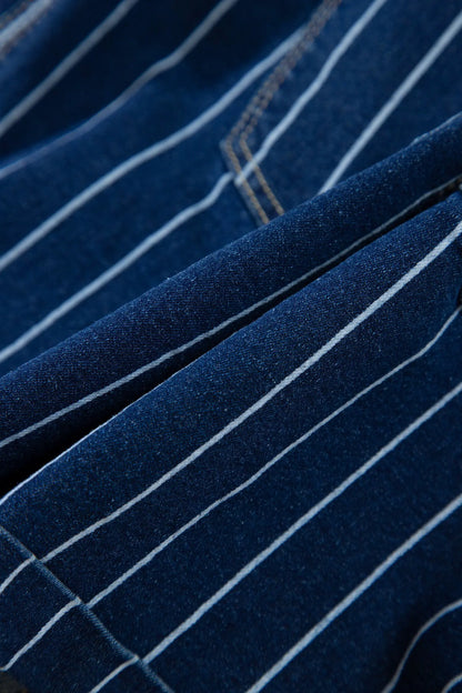 Blue Stripe Metal Button Detail Womens Denim Shorts