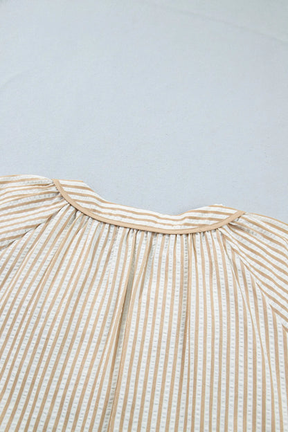 Khaki Stripe V Neck Floral Embroidered Long Sleeve Blouse