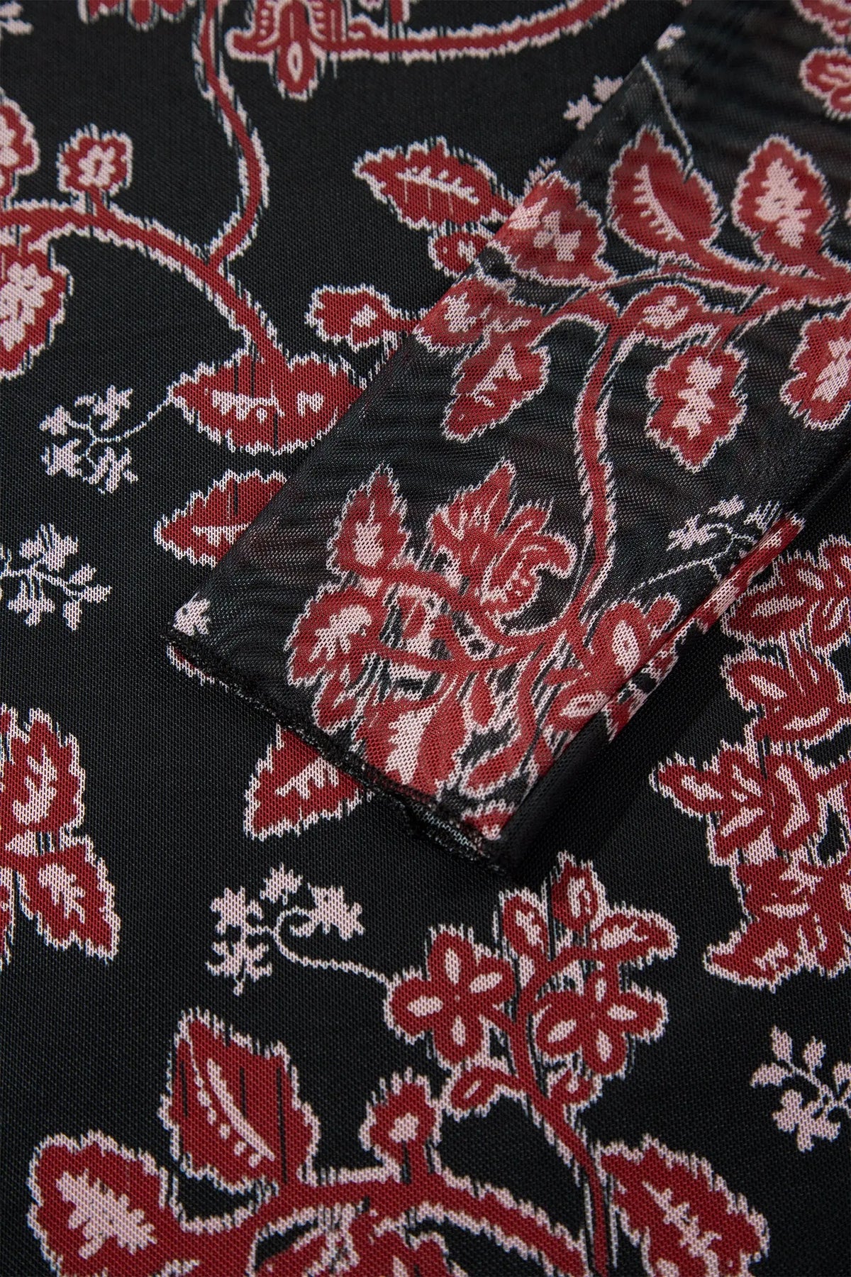 Black Retro Floral Print Long Sleeve Casual Mesh Dress floral mesh fabric detail view · nz-alt-v1