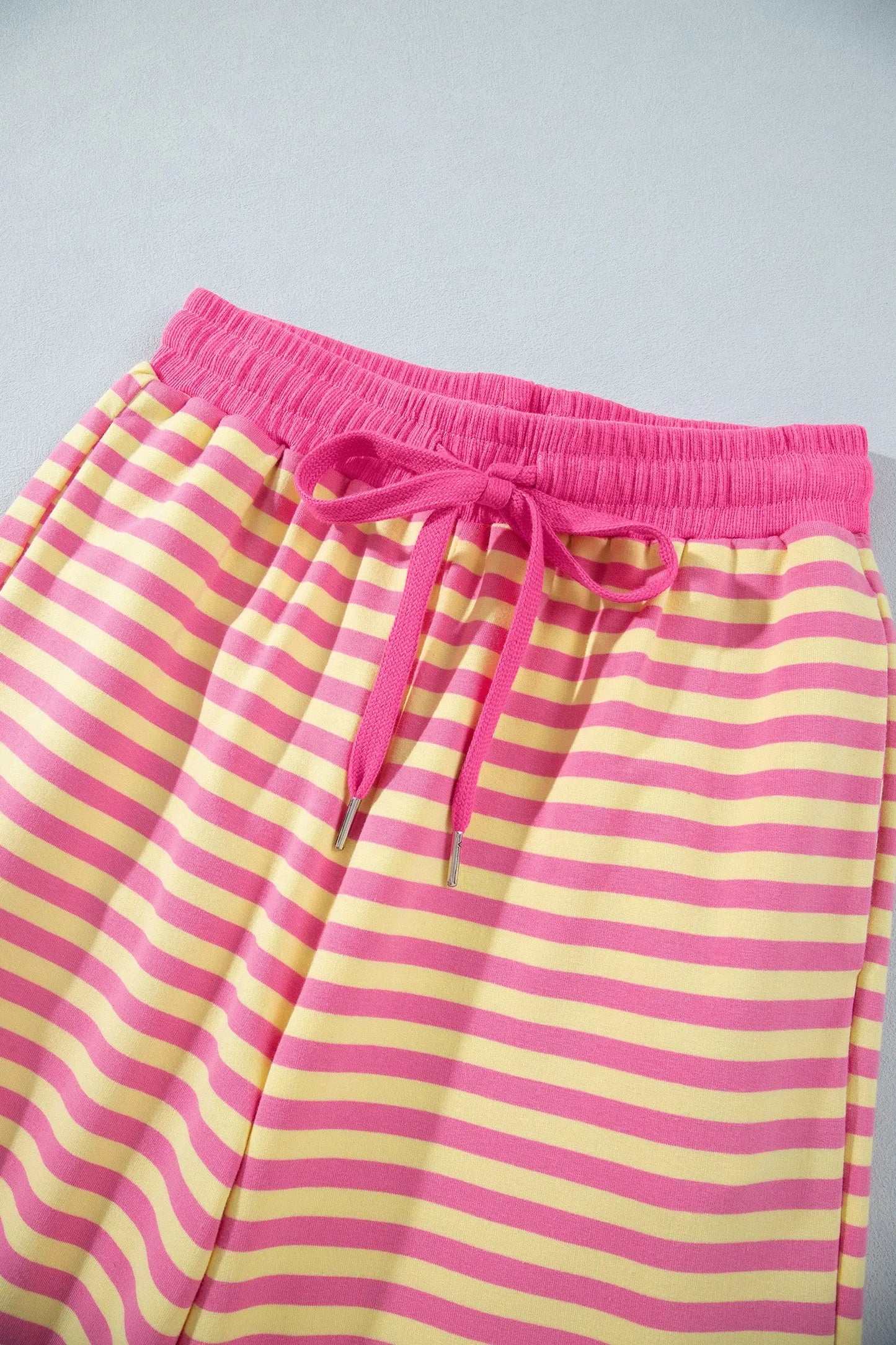 Yellow Stripe Colorblock Trim Crew Neck Loose Tee Drawstring Elastic Waist 2pcs Pant Set