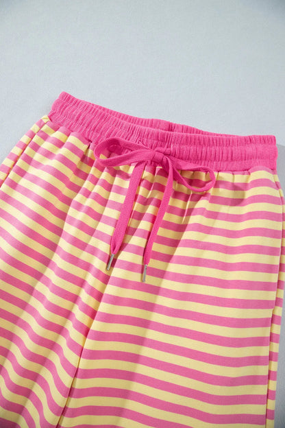 Yellow Stripe Colorblock Trim Crew Neck Loose Tee Drawstring Elastic Waist 2pcs Pant Set