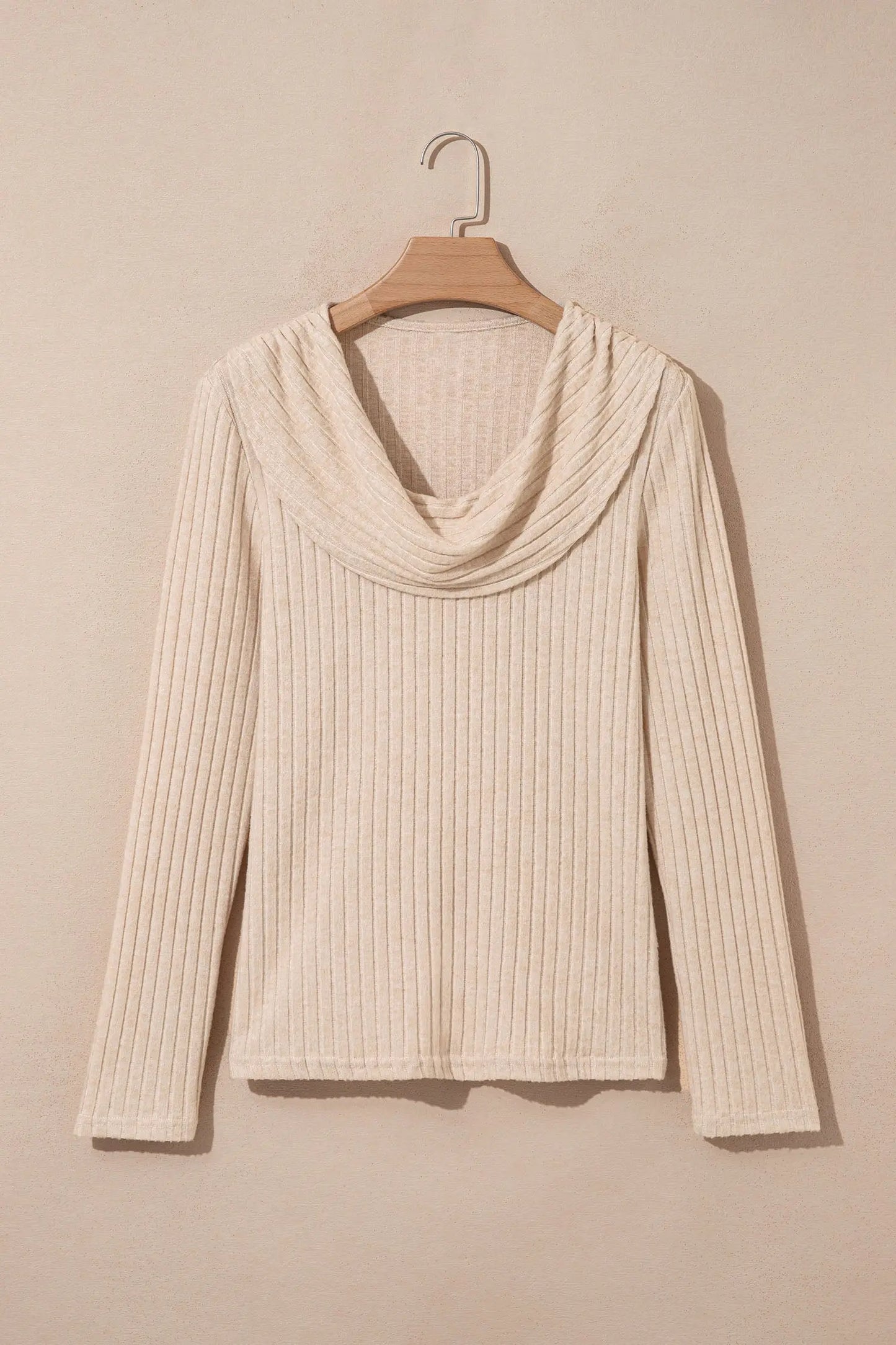 Apricot Solid Color Ribbed Knit Cowl Neck Long Sleeve Top