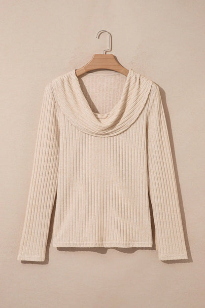 Apricot Solid Color Ribbed Knit Cowl Neck Long Sleeve Top