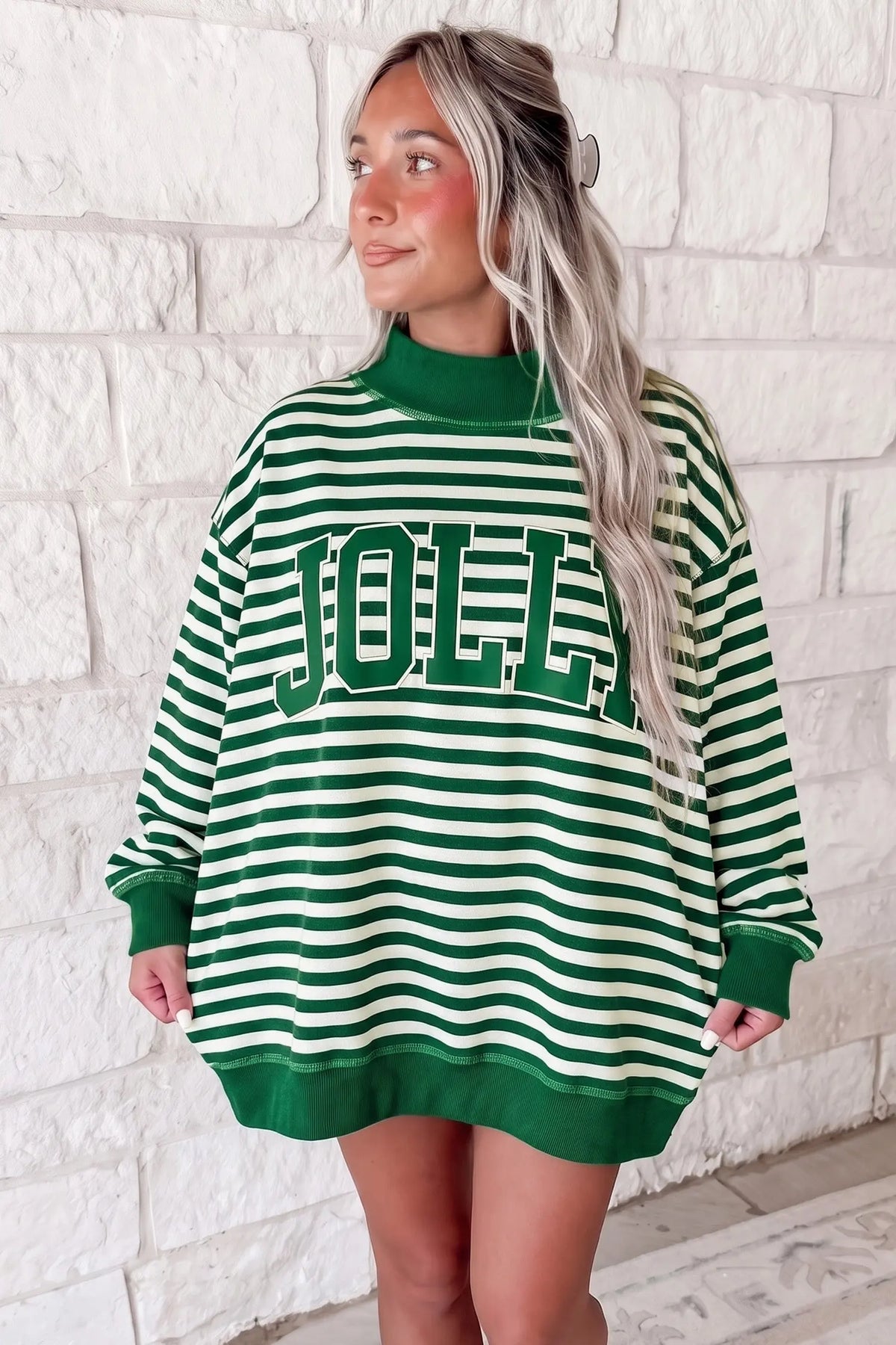 Stripe Christmas Slogan Embroidery Patched Mock Neck Oversized Sweatshirt