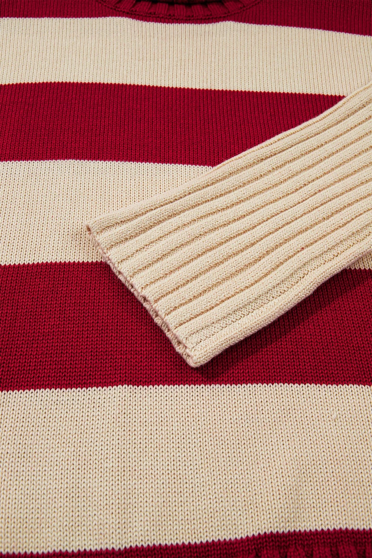 Red Stripe Ribbed Trim High Neck Relaxed Pullover Sweater