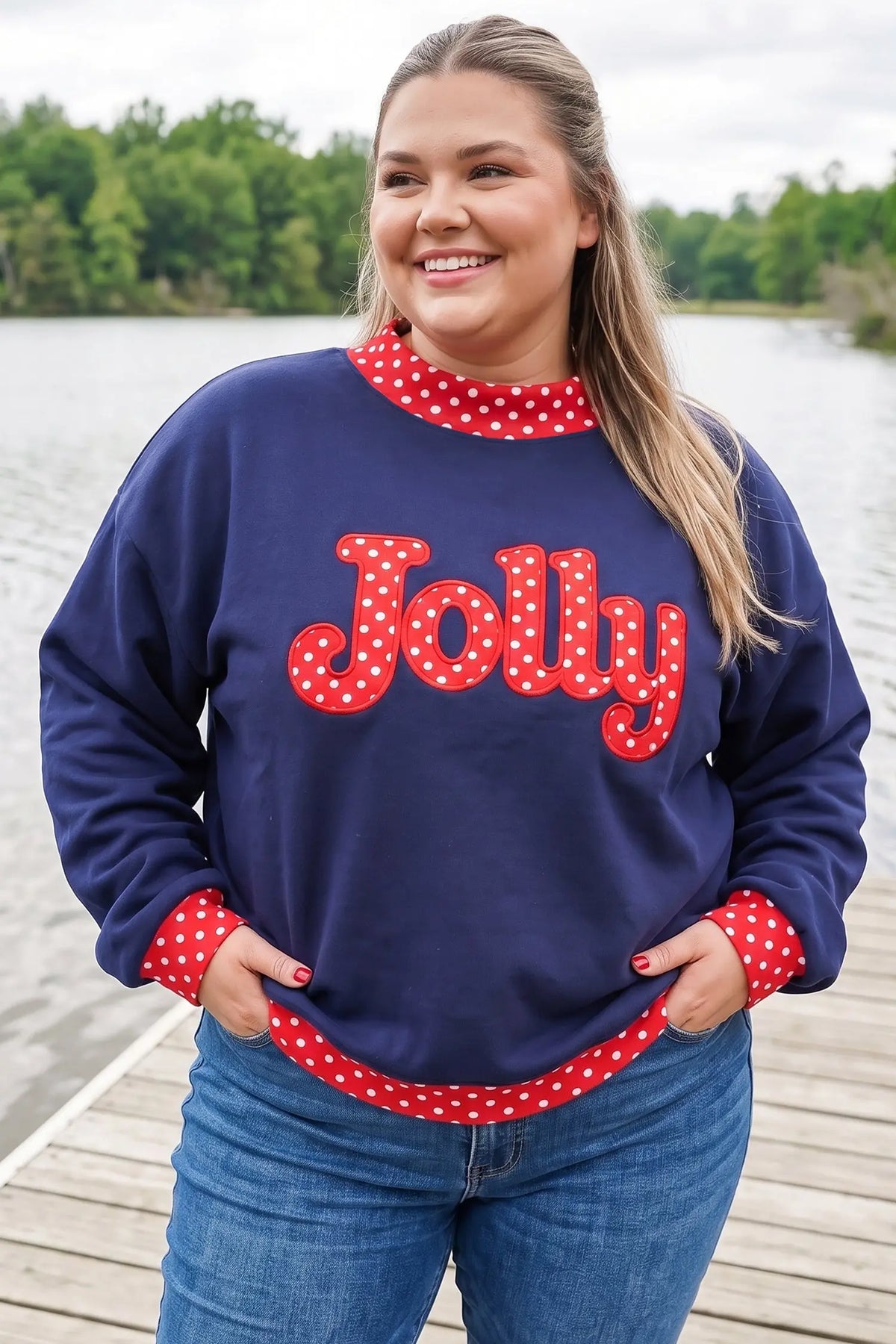 Navy Blue Polka Dot Patchwork Letter Graphic Plus Size Sweatshirt model front view · nz-alt-v1