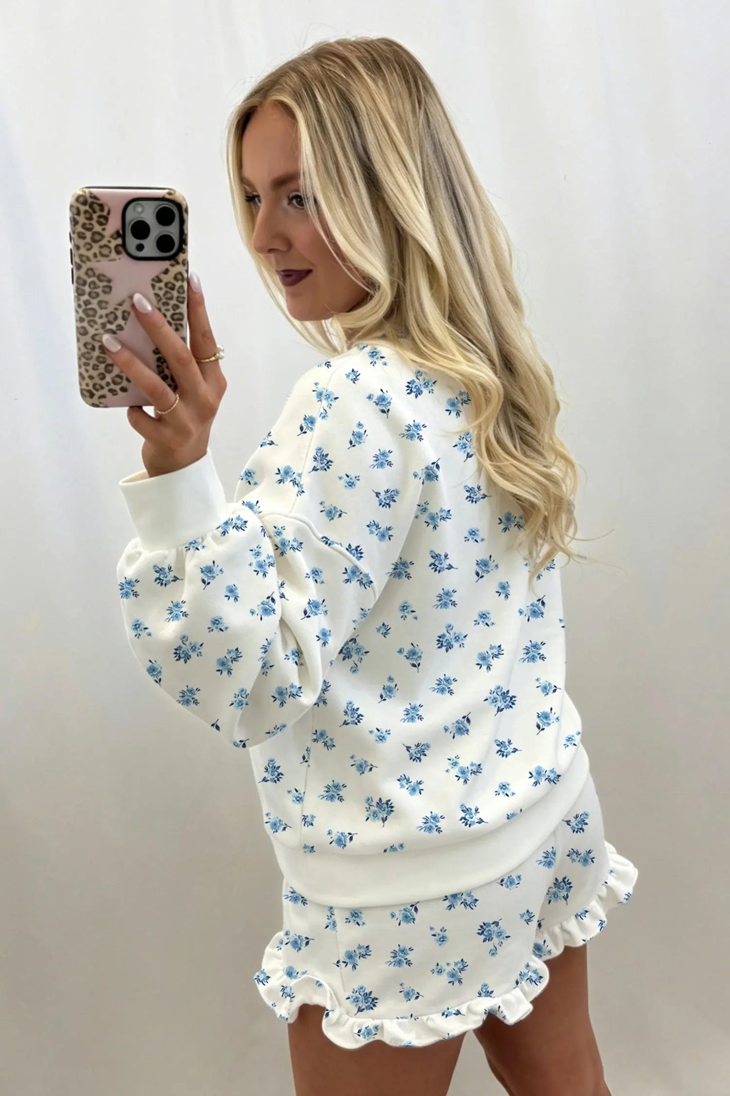 Sky Blue Floral Print Long Sleeve Top Elastic Waist Ruffle Hem Shorts 2pcs Set