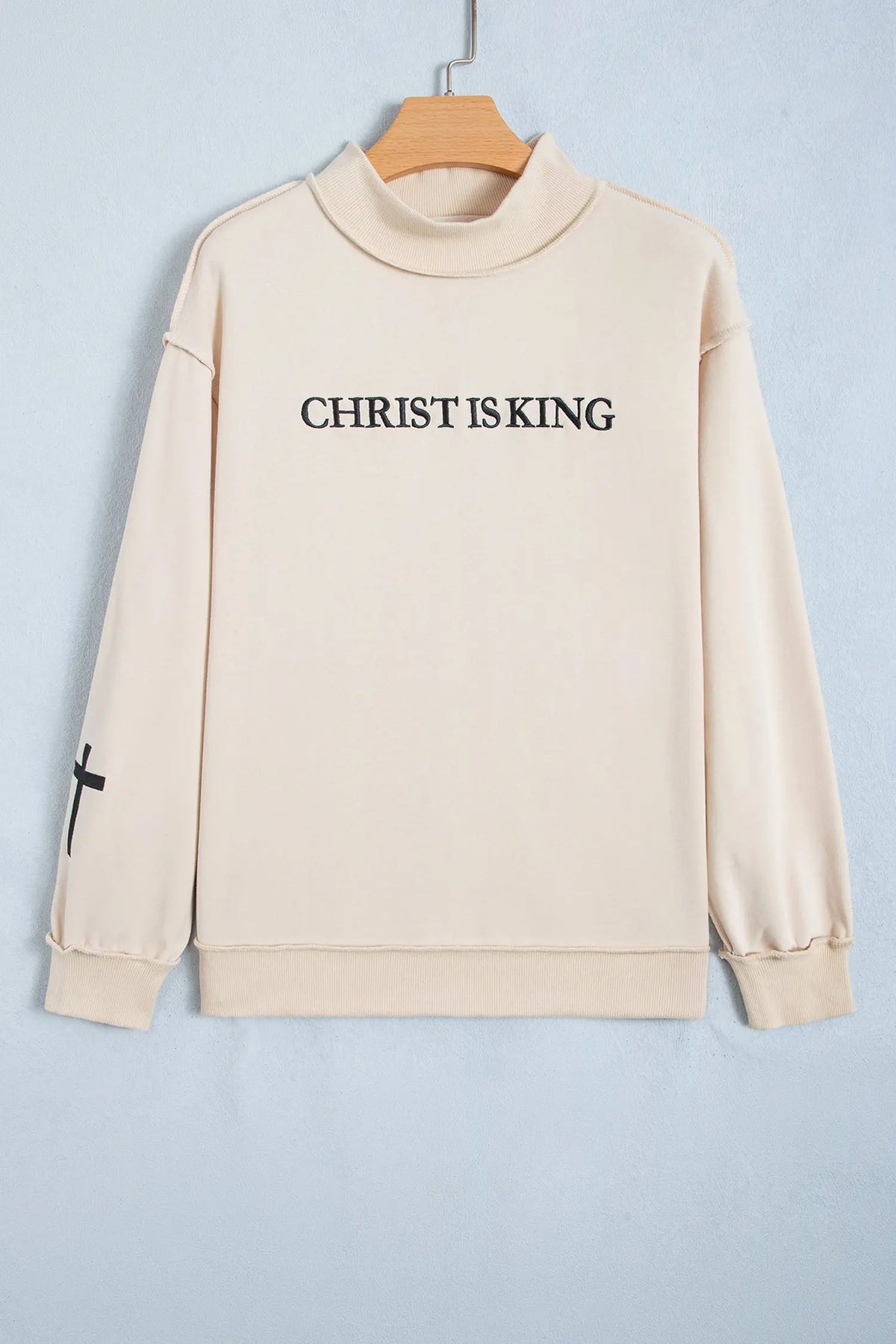 Black CHRIST IS KING Embroidery High Neck Baggy Sweatshirt