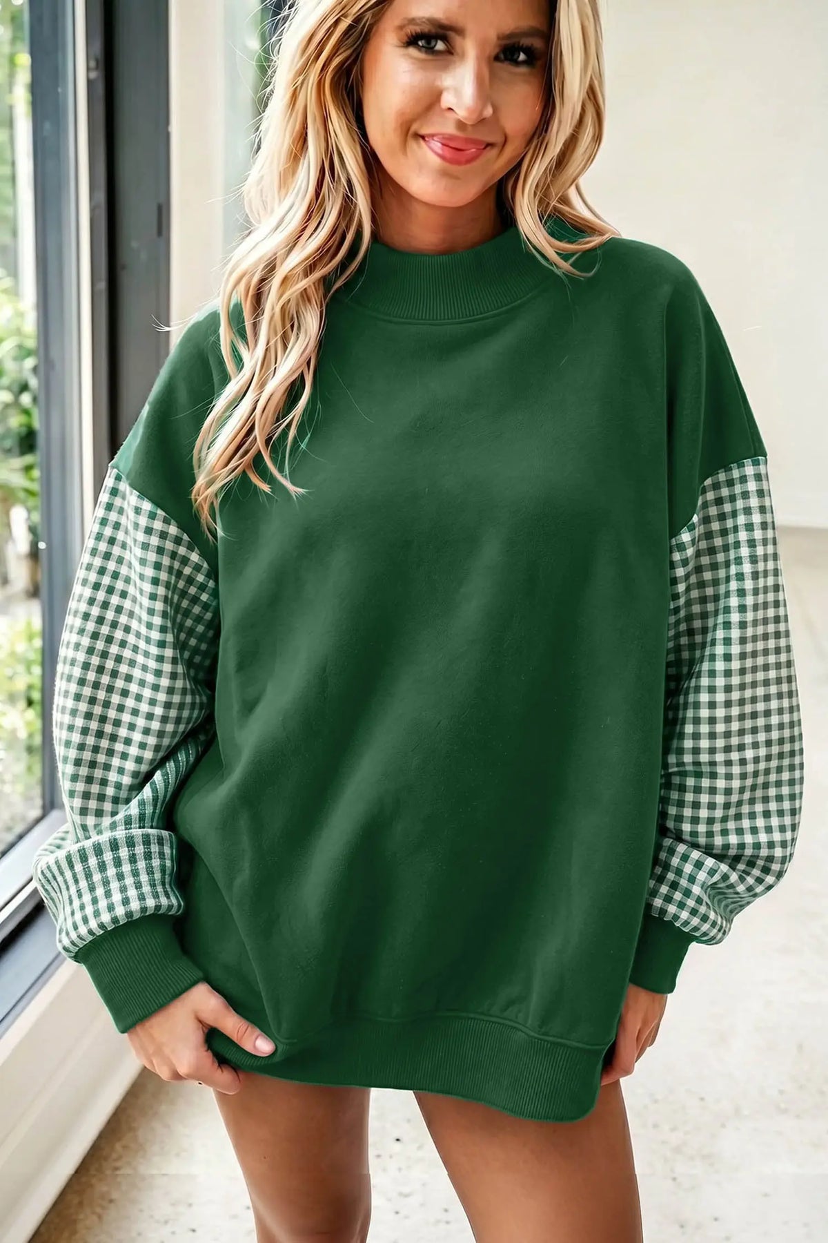 Navy Blue Plaid Sleeve Colorblock Loose Tunic Sweatshirt