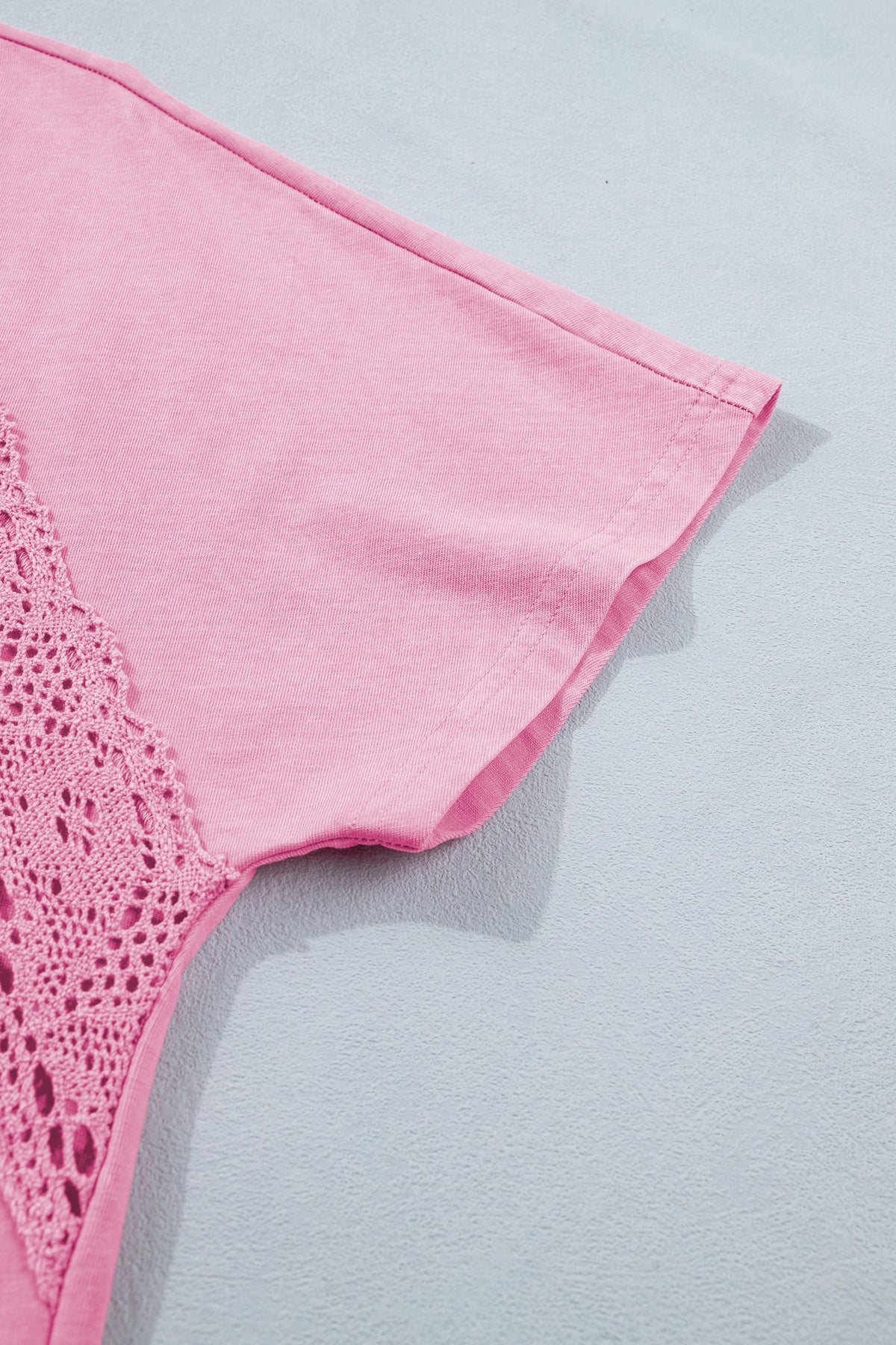 Cotton Raw Cut Notched Neck Lace Patchwork Detail Mineral Wash Tee