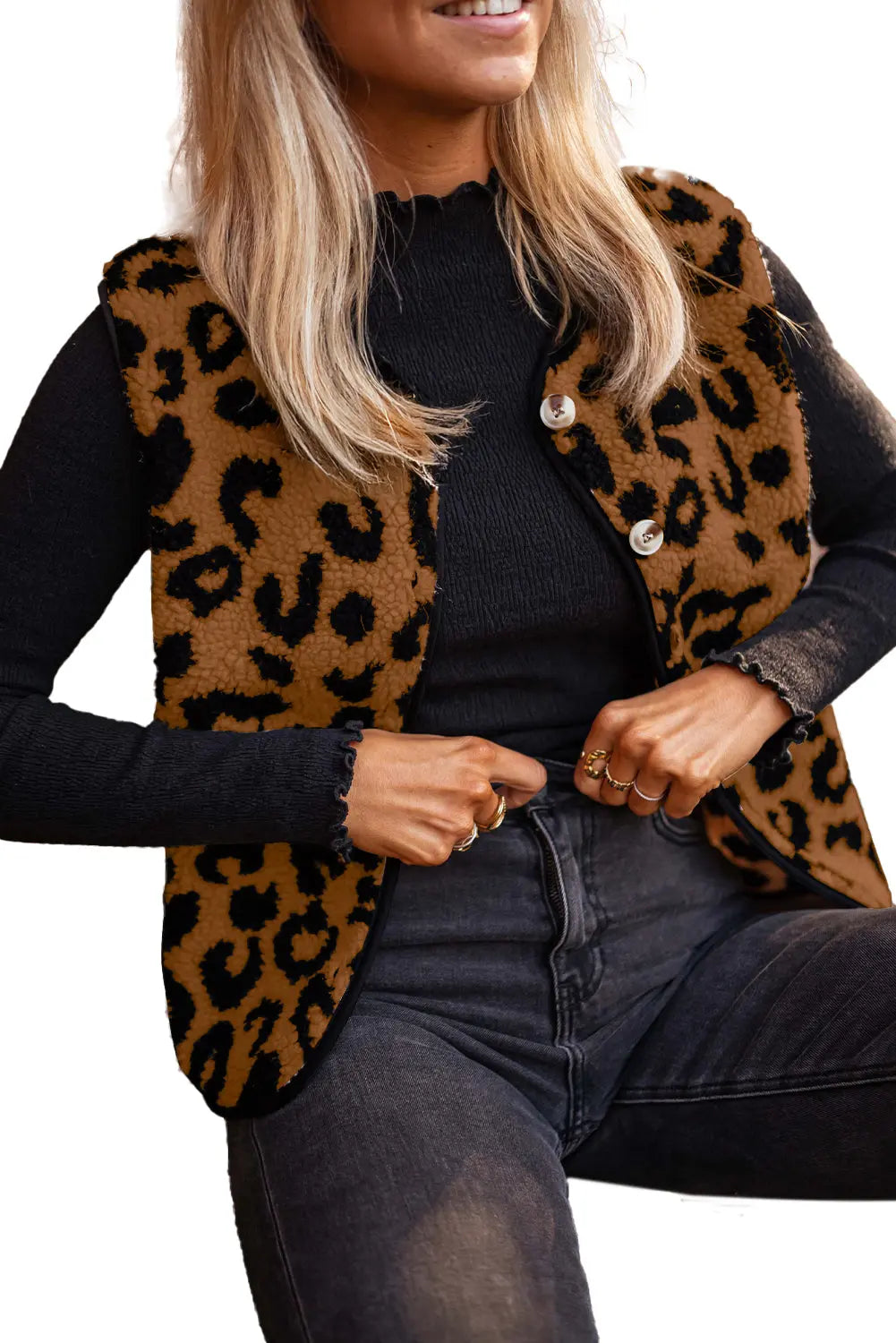 Chestnut leopard print sherpa vest coat, model front view · nz-alt-v1