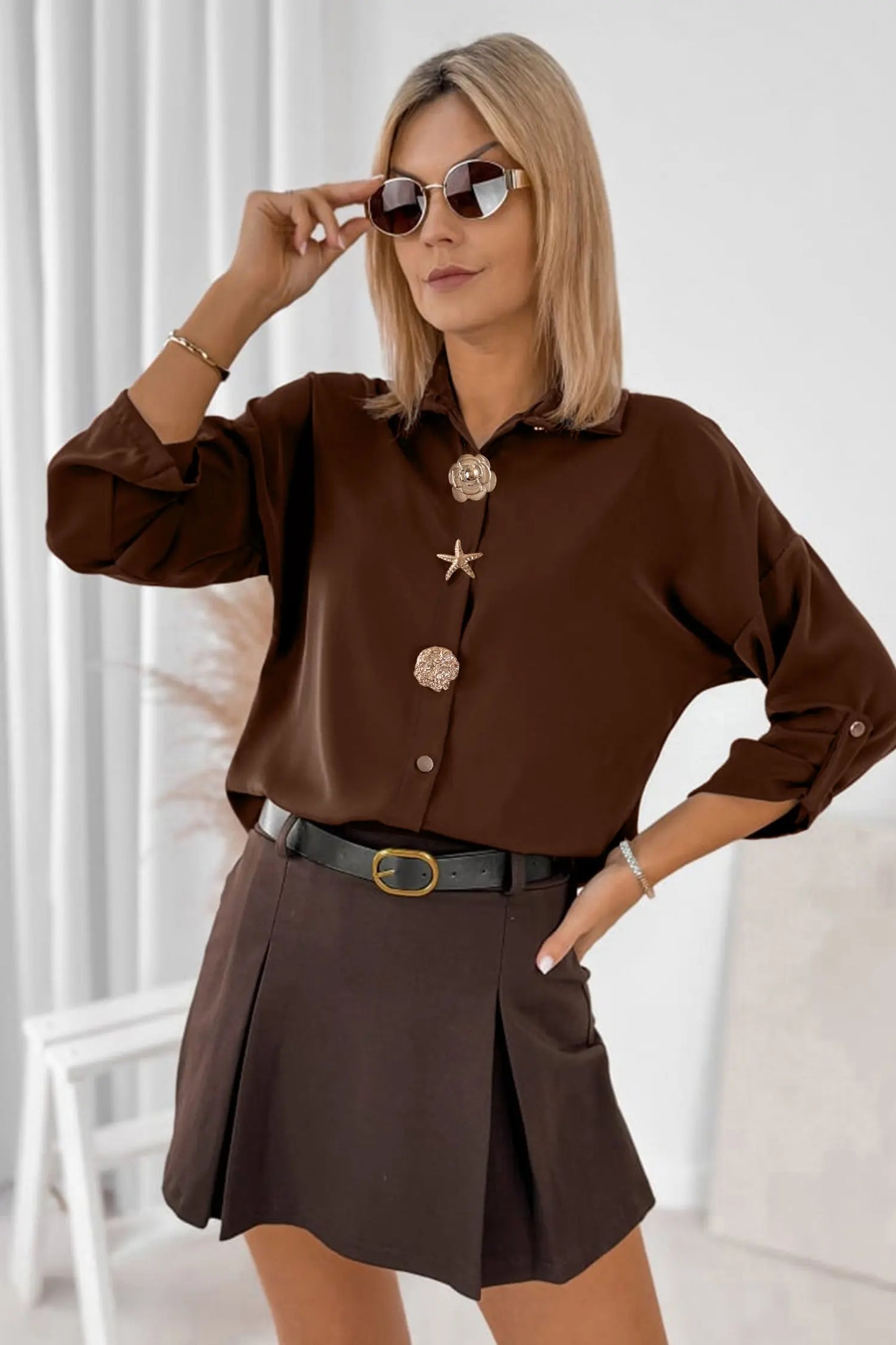 Coffee Multi Button Decoration Tab Long Sleeve Casual Shirt
