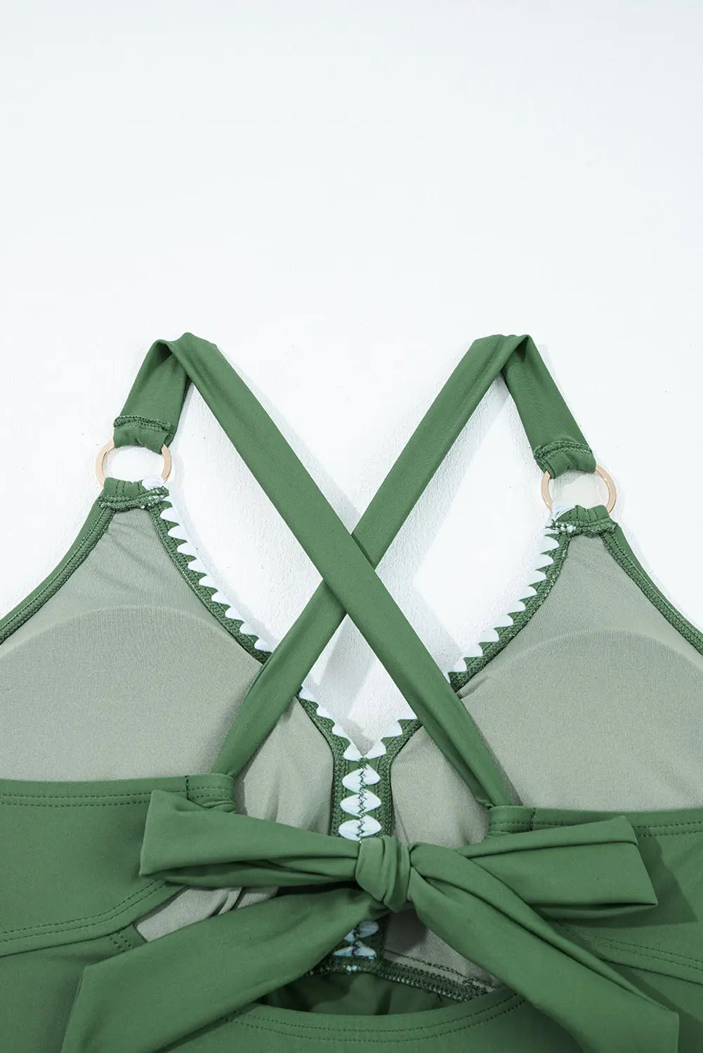 Four Leaf Clover O-ring Knot Back Straps Ricrac Trim V Neck Tankini Contrast Printed Swim Short 2pcs Set