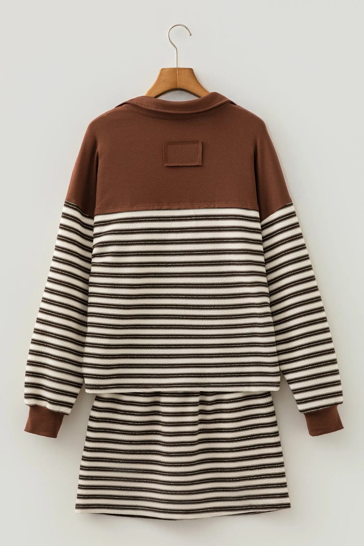 Brown Stripe Contrast Trim Button Neck Long Sleeve Top Drawstring Mini Skirt Set