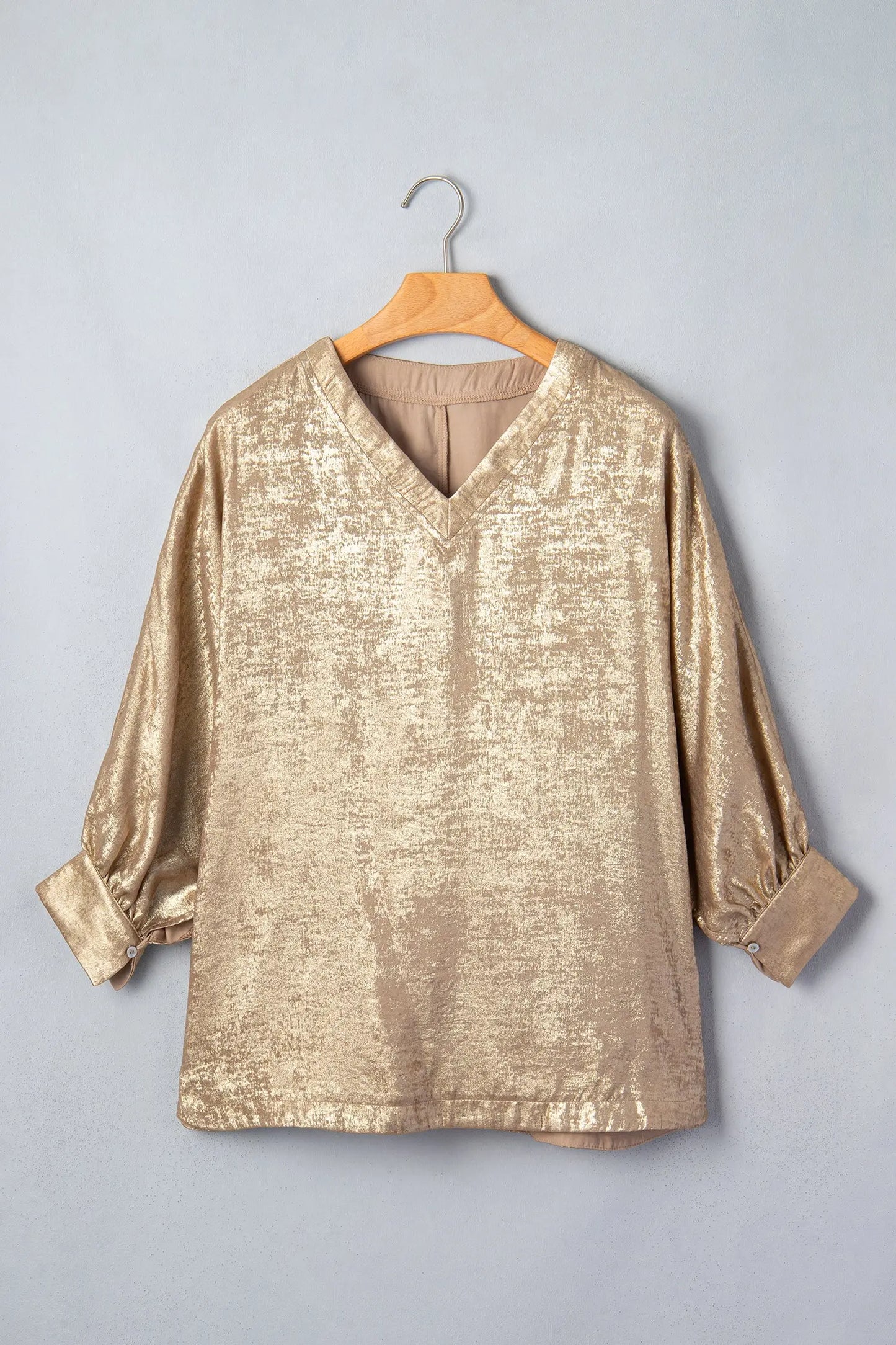 Parchment Metallic V Neck Button Cuffed Long Sleeve Dolman Blouse