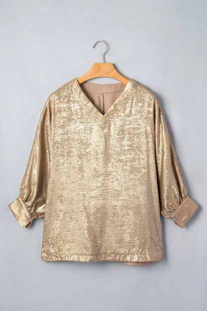 Parchment Metallic V Neck Button Cuffed Long Sleeve Dolman Blouse