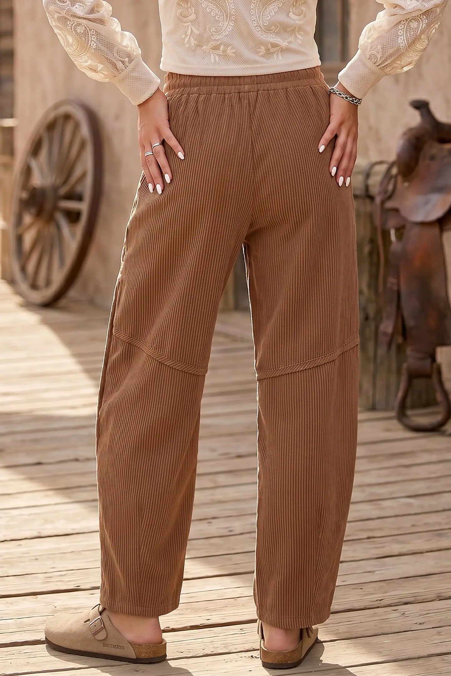 Coffee Corduroy Elastic Waist Drawstring Cargo Pants