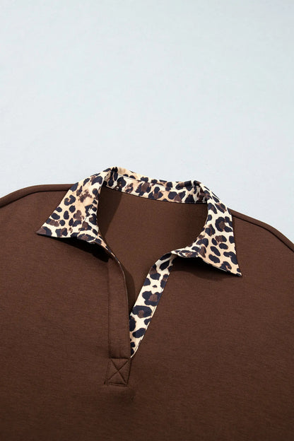 Coffee Leopard Patchwork Collar Long Sleeve Dress
