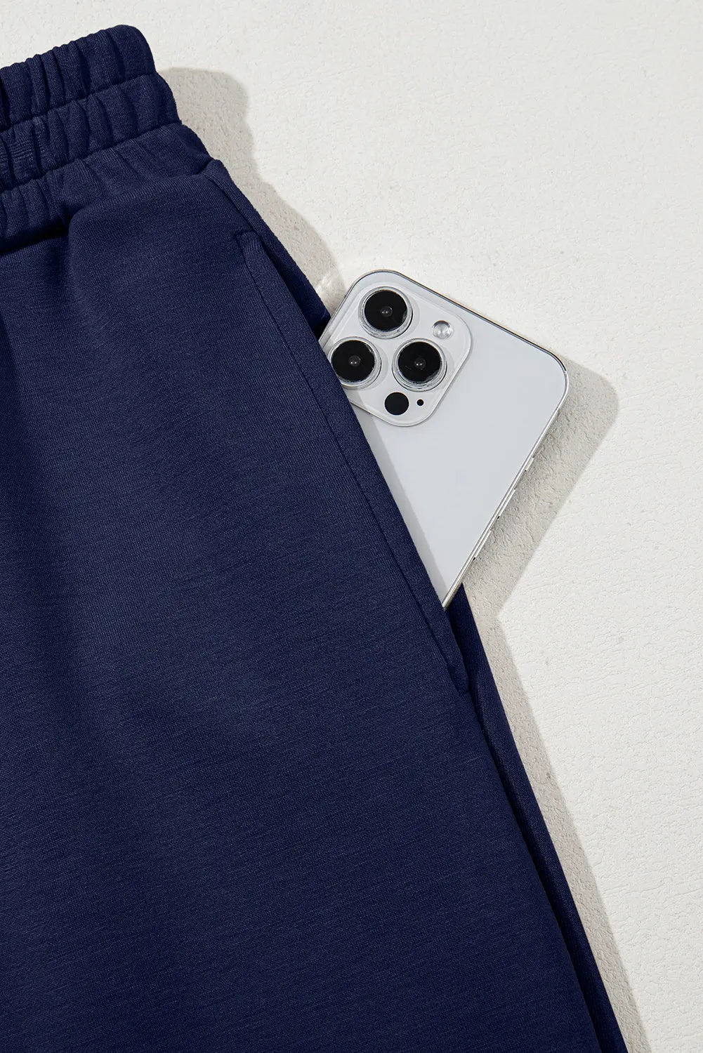 Dusk Blue Solid Color Cowl Neck Drawstring Pullover Wide Leg Athleisure Pants Set
