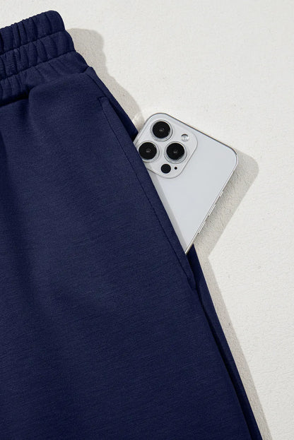 Dusk Blue Solid Color Cowl Neck Drawstring Pullover Wide Leg Athleisure Pants Set