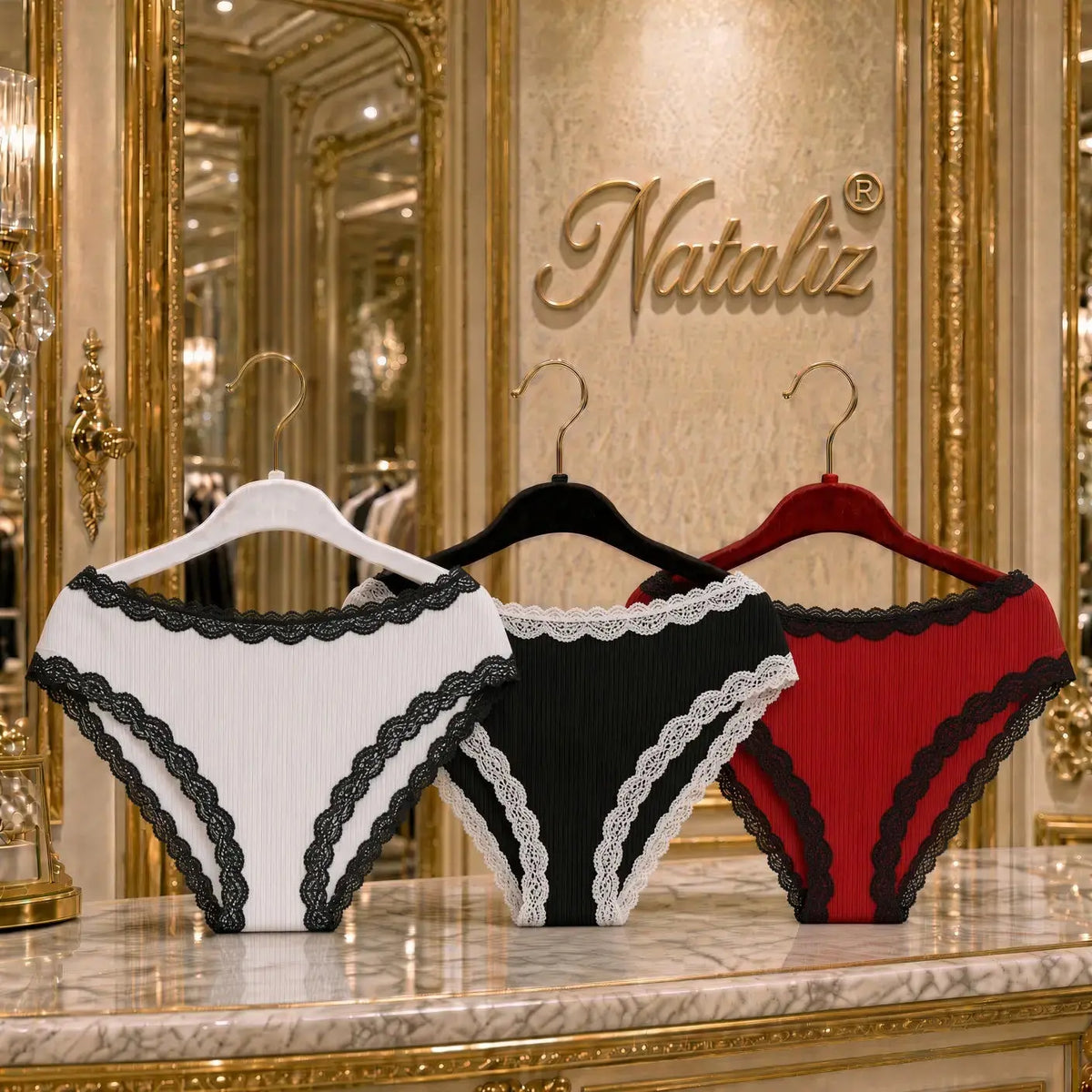 Three pairs of ribbed lace-trim panties displayed on hangers on a marble counter in a luxurious gold-decorated boutique. The colors shown are white with black lace, black with white lace, and red with black lace.