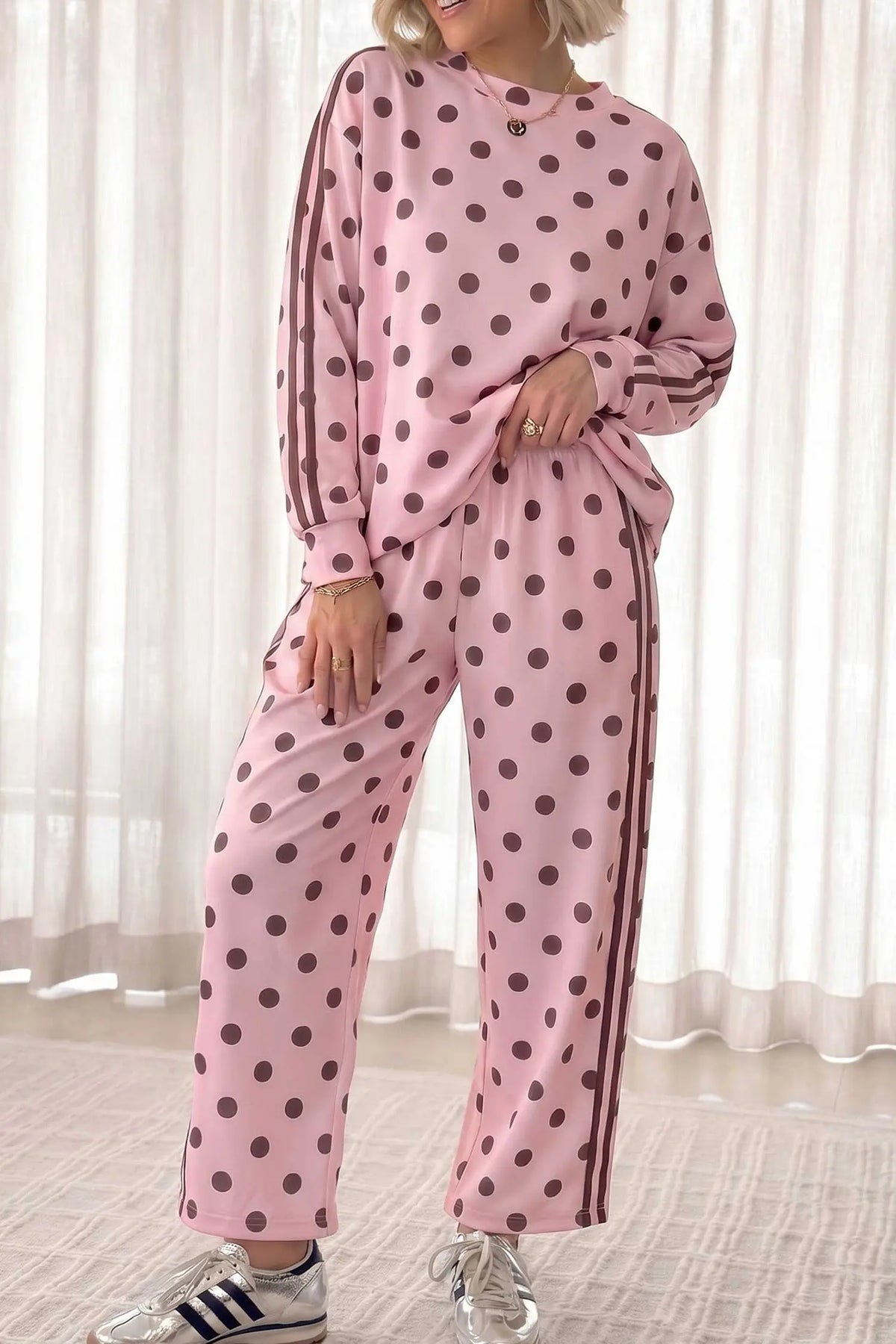 Pink Polka Dot Print Side Stripe Detail Long Sleeve Top Casual Pant Set