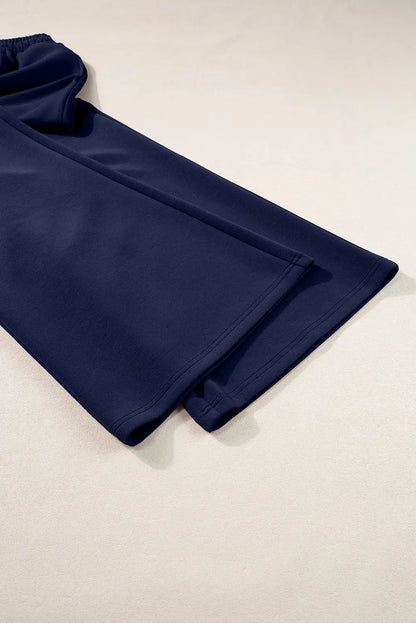 Dusk Blue Solid Color Cowl Neck Drawstring Pullover Wide Leg Athleisure Pants Set