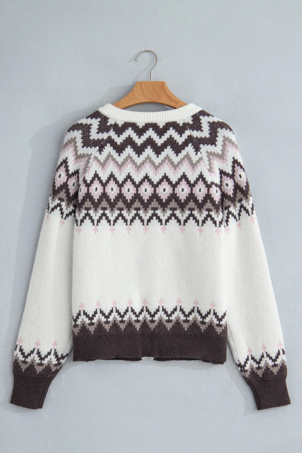 White Geometric Pattern Brushed Knit Button Cardigan hanging view · nz-alt-v1
