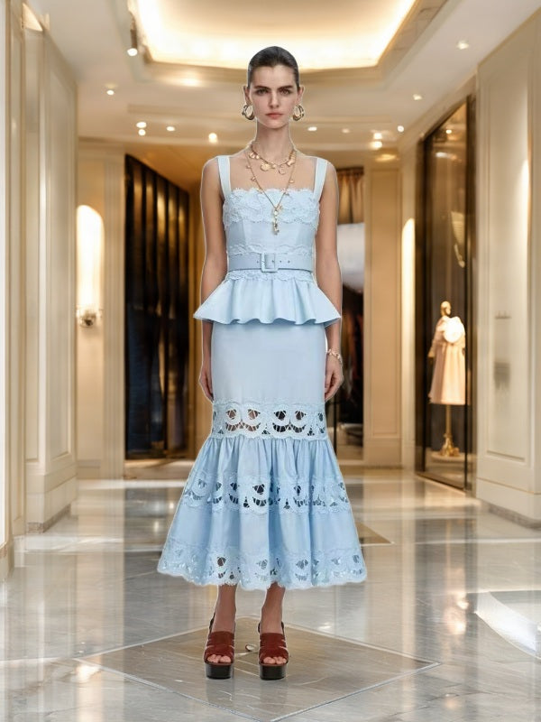 Belted Peplum Maxi Dress with Lace Cutwork Hem model front view · nz-bg-v1