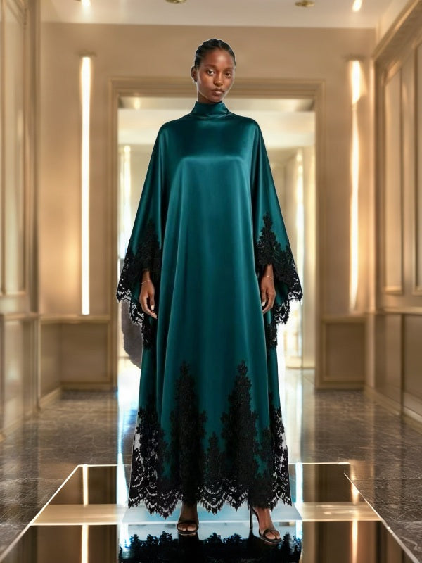 Lace-Trim Satin Maxi Kaftan Dress model front view · nz-bg-v1