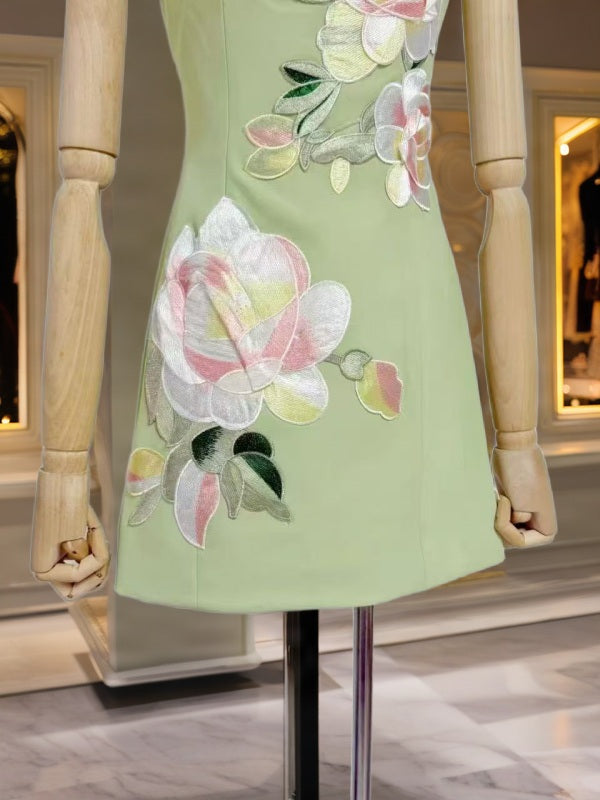 Strapless Mini Dress with Floral Appliqué in Soft Lime mannequin view · nz-bg-v1