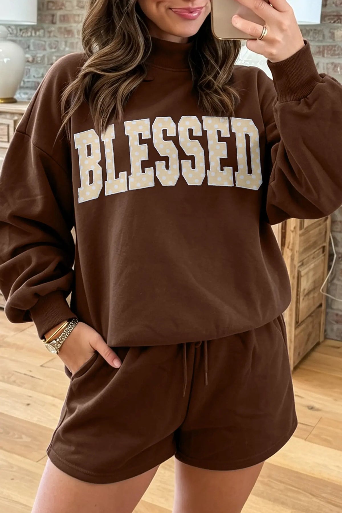Coffee Christmas Slogan Print Mock Neck Pullover and Shorts Set model front view · nz-alt-v1