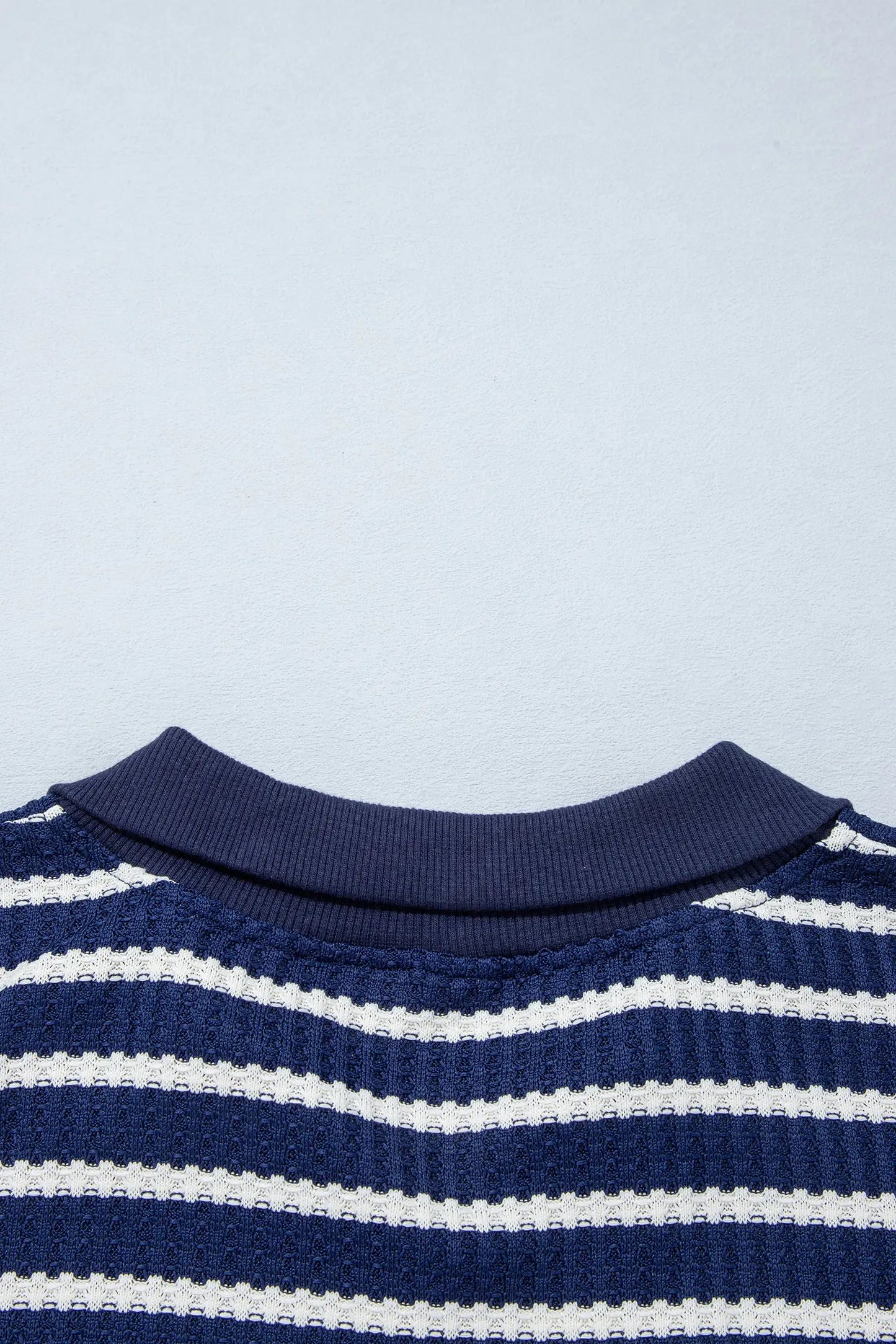 Blue Stripe Textured Knit Half Zip Collared Long Sleeve Top