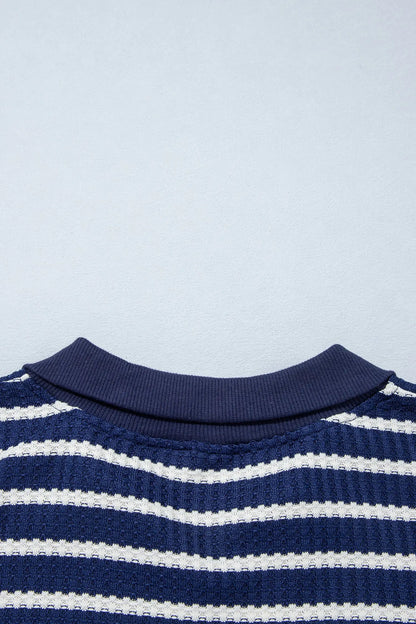Blue Stripe Textured Knit Half Zip Collared Long Sleeve Top