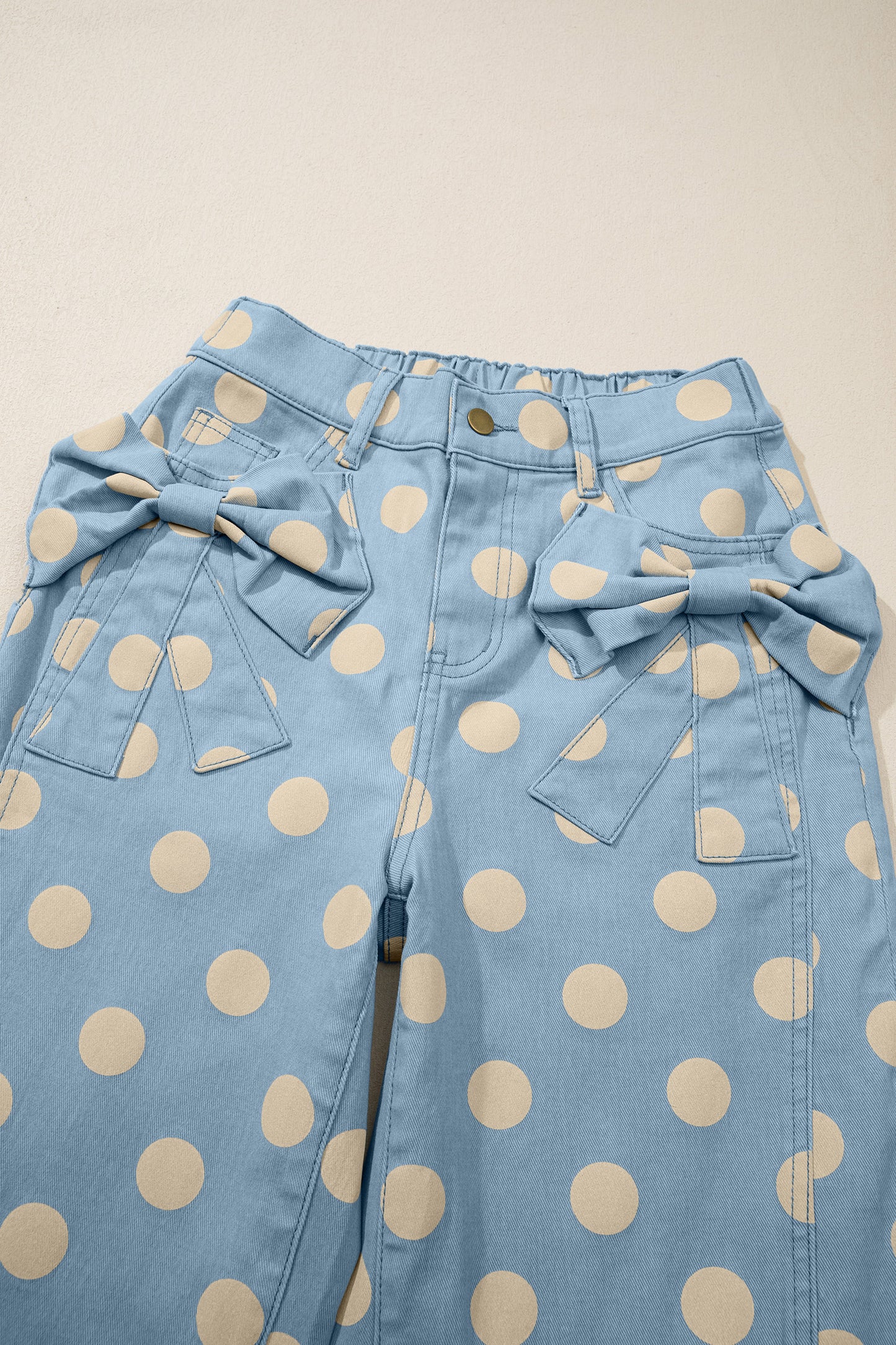 Sky Blue Polka Dot Print Bow Detail Pocketed Jeans