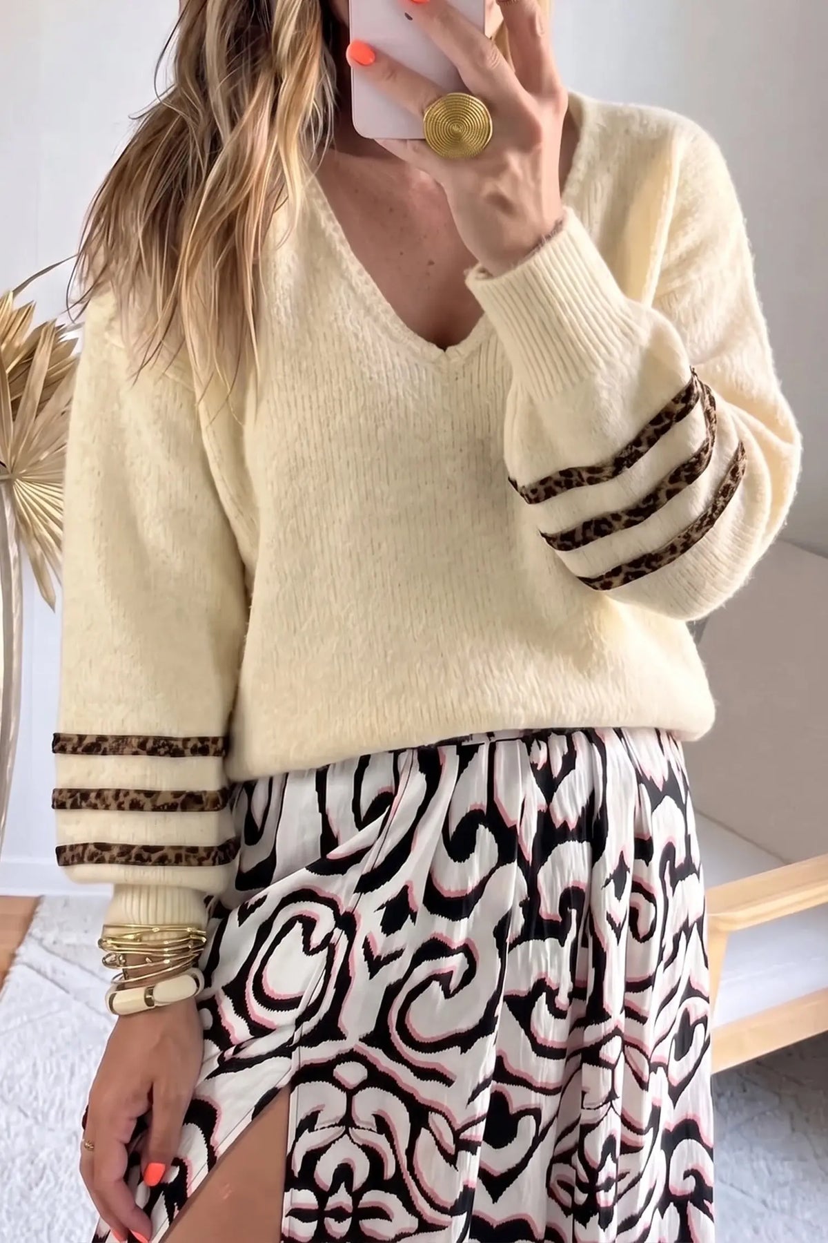 Beige V Neck Leopard Striped Detail Long Sleeve Casual Sweater model front view · nz-alt-v1