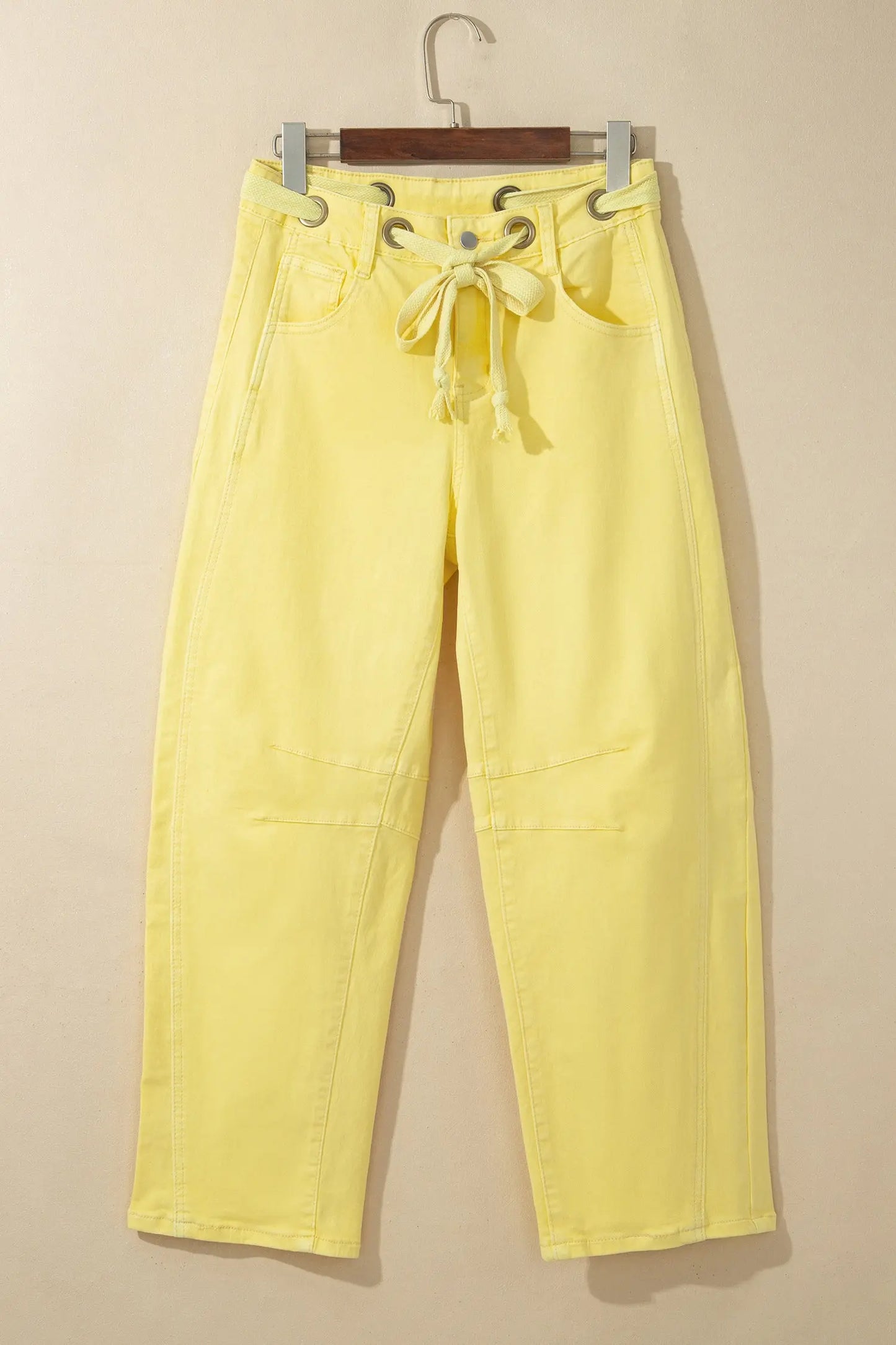 Yellow Solid Color Grommet Detail Knot Waist Barrel Jeans