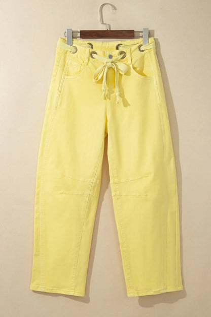 Yellow Solid Color Grommet Detail Knot Waist Barrel Jeans