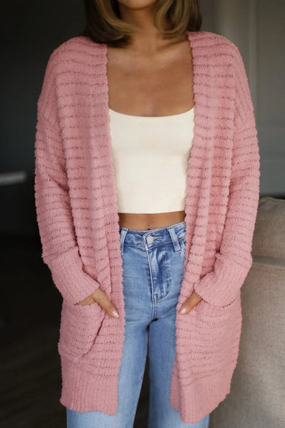 Light Pink Open Front Soft Fuzzy Ribbed Sweater Cardigan