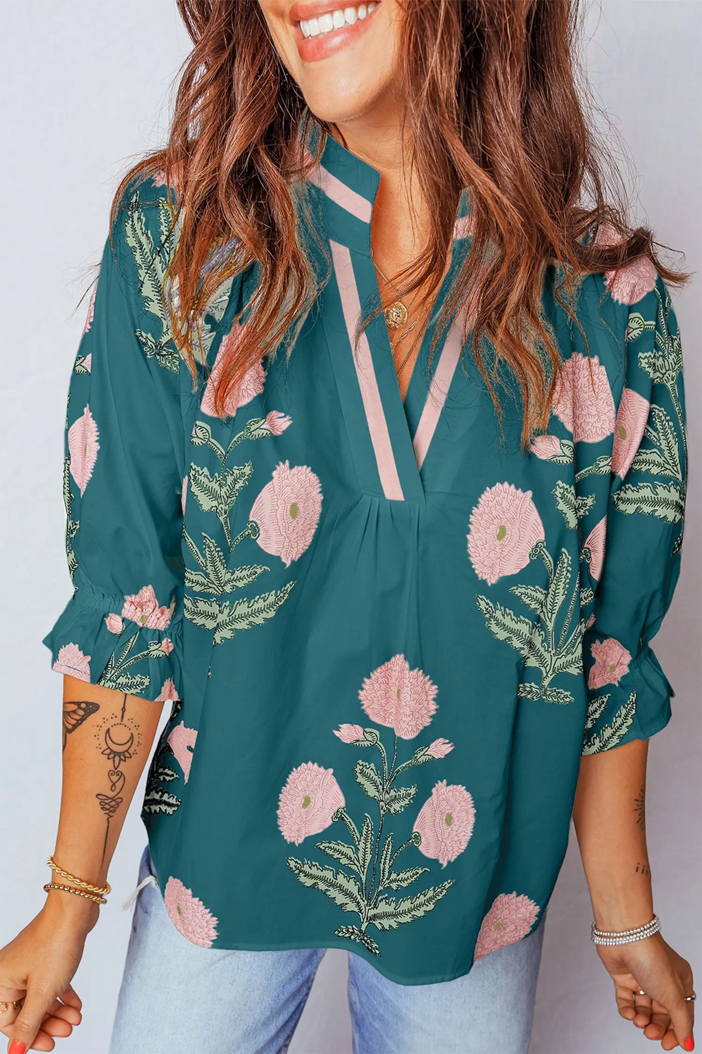 Sky Blue Casual Wild Flower Print V Neck 3/4 Sleeve Blouse Nataliz