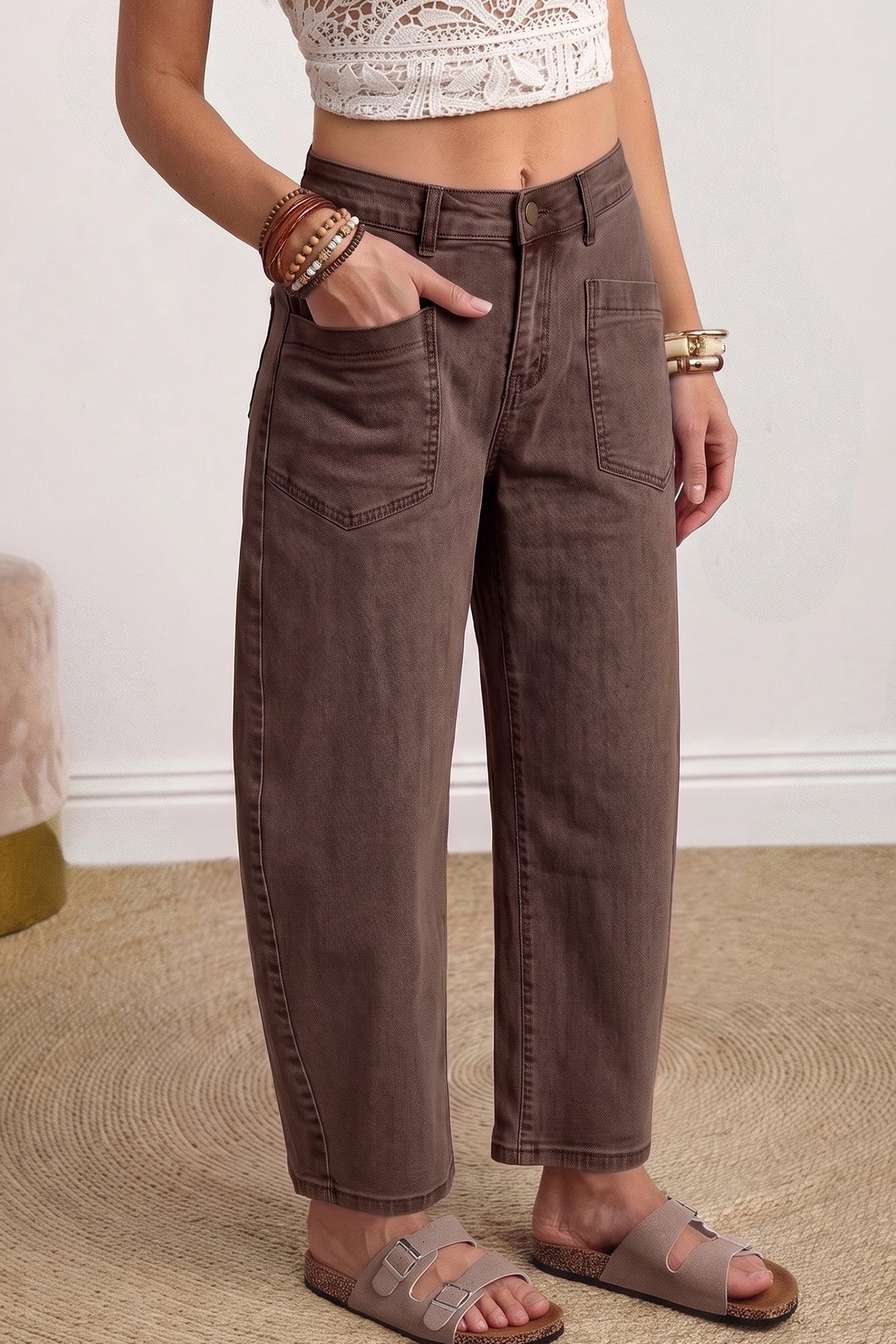 Solid Color Square Patch Pocket Ankle-length Barrel Jeans
