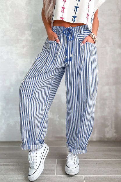 Red Stripe Drawstring Casual Loose Pants