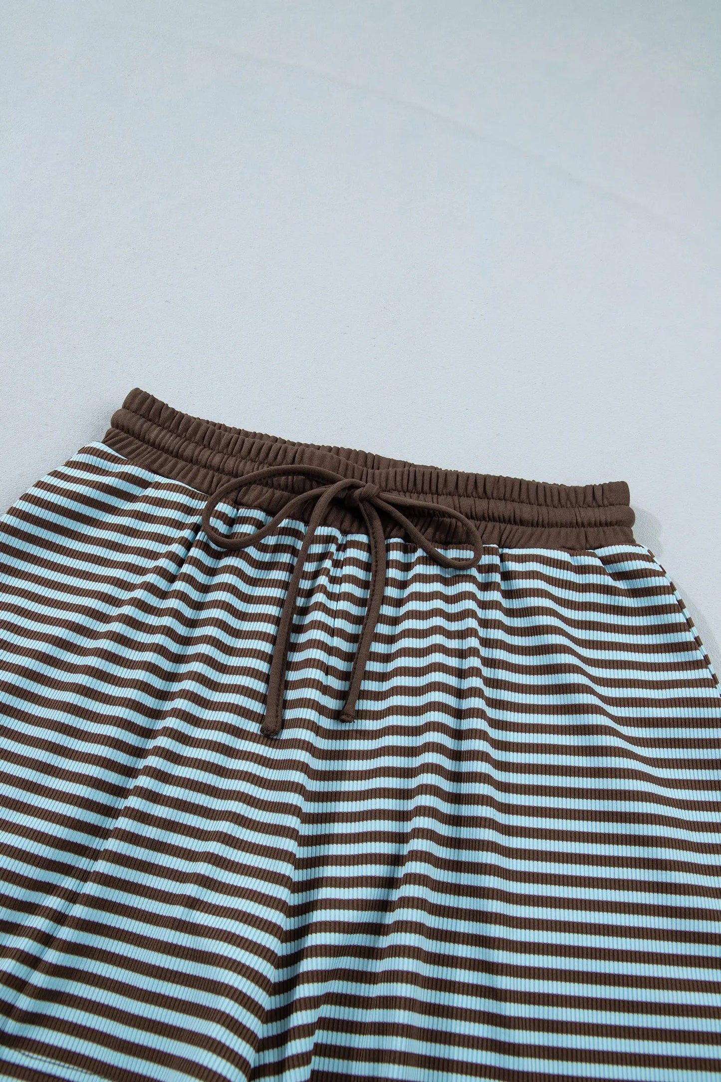 Blue Stripe Oversized Long Sleeve Top Drawstring Loose Shorts 2pcs Set