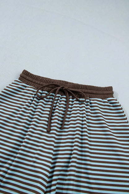 Blue Stripe Oversized Long Sleeve Top Drawstring Loose Shorts 2pcs Set