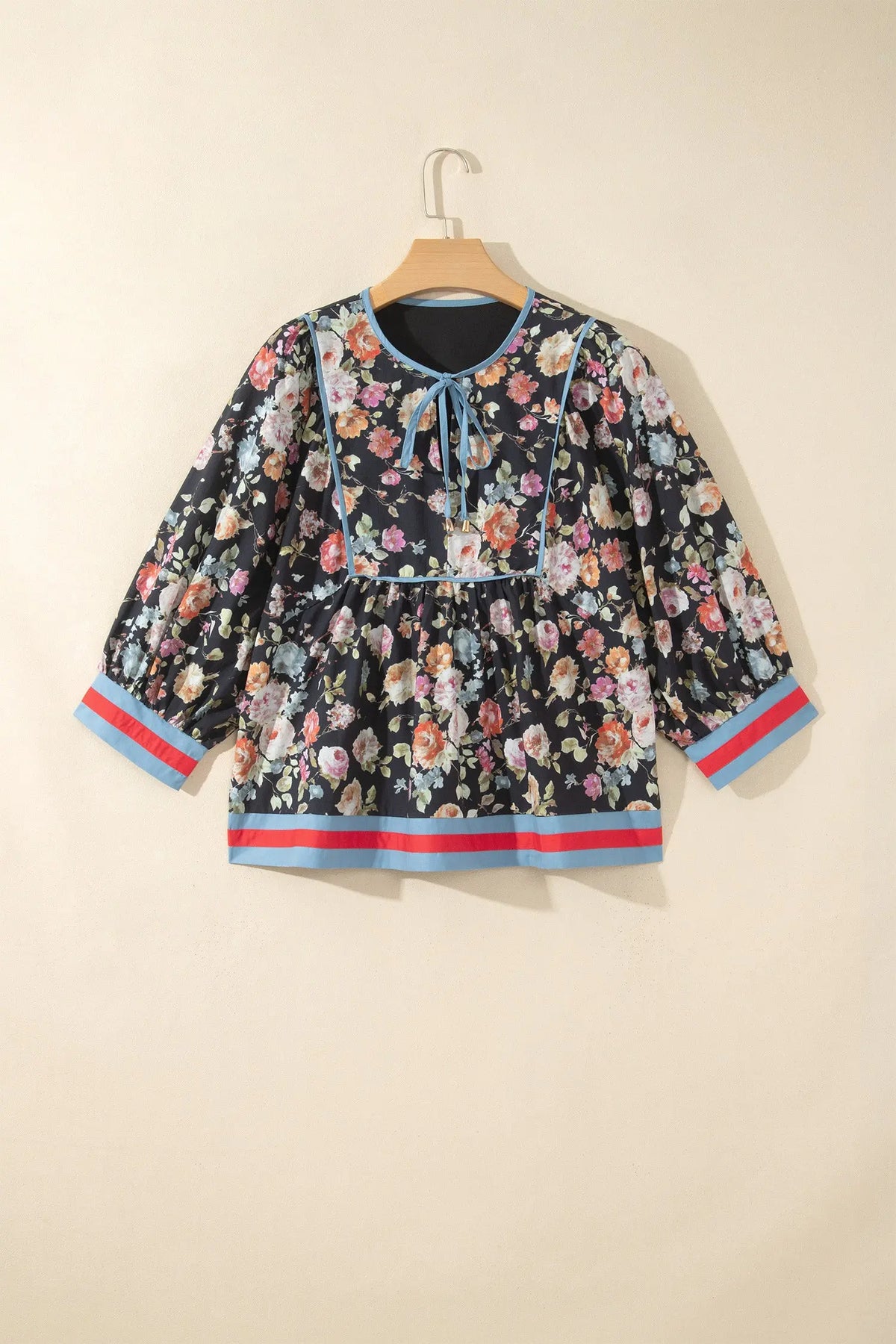 Black Floral Print Contrast Trim Tie V Neck Bracelet Sleeve Blouse hanging view · nz-alt-v1