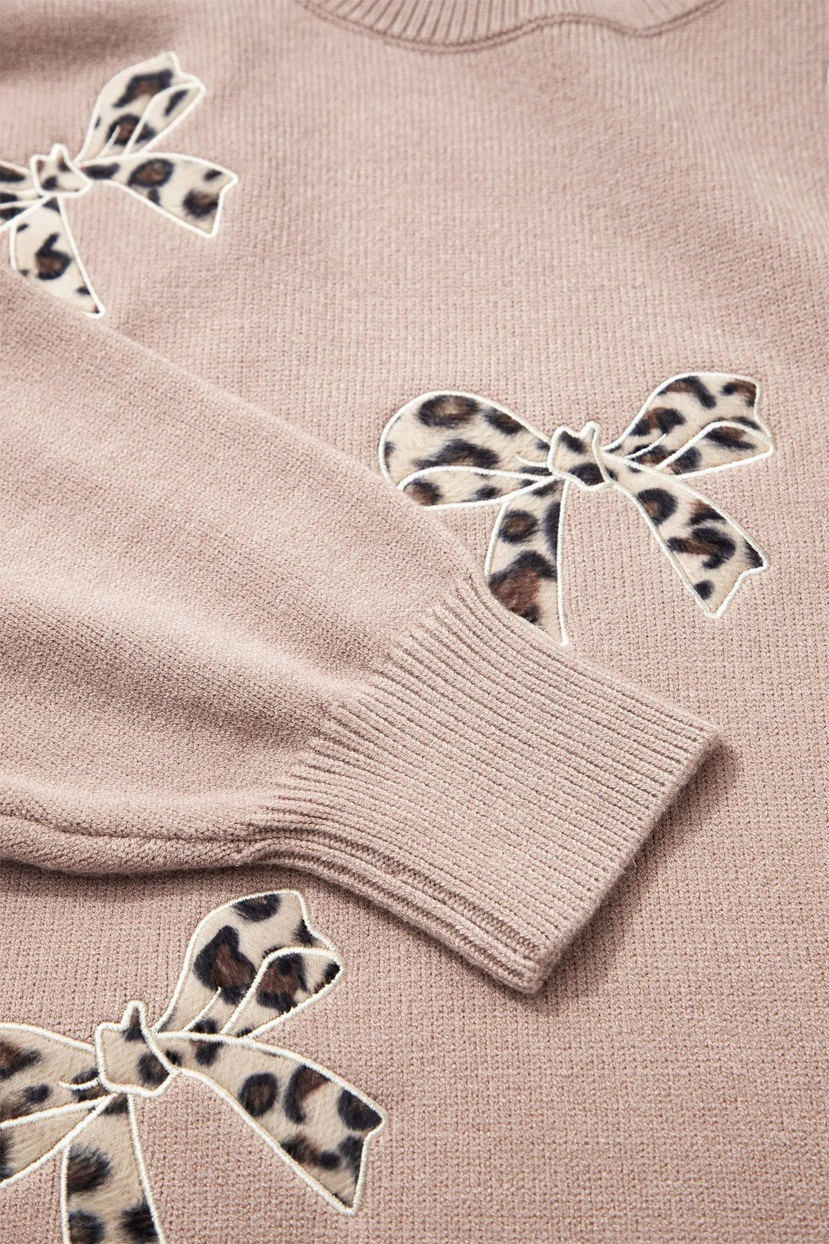 Dark Khaki Leopard Bow Embroidery Drop Shoulder Tunic Plus Size Sweater