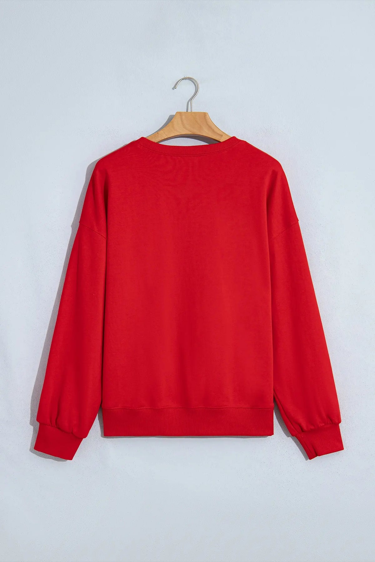 Fiery Red Christmas Embroidered Long Sleeve Casual Round Neck Loose Fit Sweatshirt
