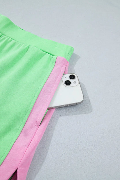 Green Color Block Accent Half Zip Top Athleisure Shorts Set