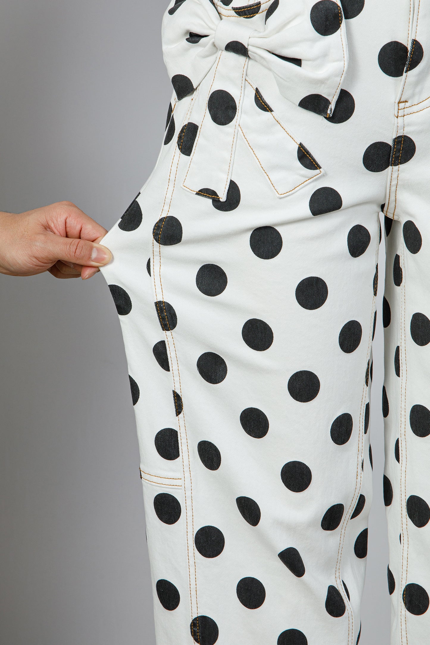 Sky Blue Polka Dot Print Bow Detail Pocketed Jeans