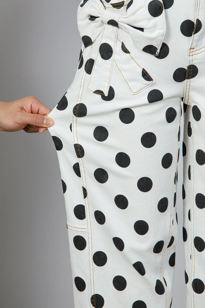 Sky Blue Polka Dot Print Bow Detail Pocketed Jeans